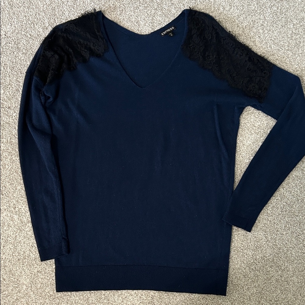 Express Navy V-Neck Sweater with Black Lace